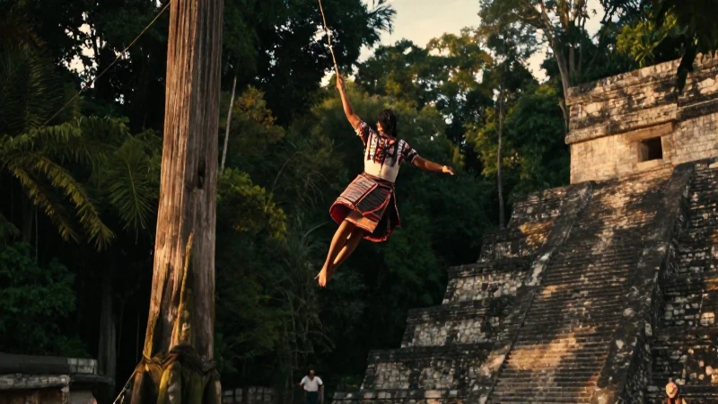 Qué es la danza de los voladores y su tradición milenaria 25 Volador tradicional en Mesoamérica bajo luz dorada