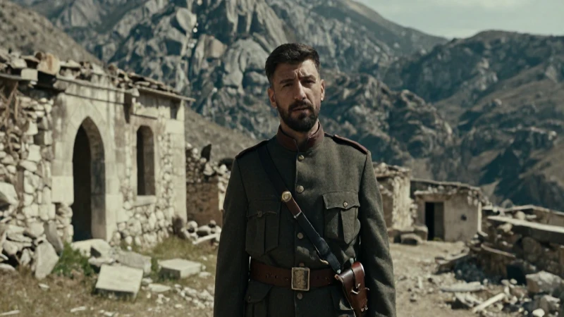 Soldado balcánico en ruinas otomanas, paisaje dramático