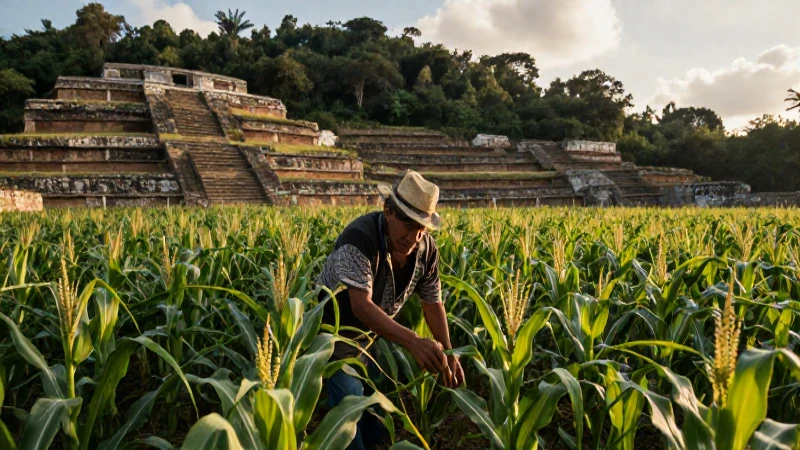 La historia del maíz en México: Cultivo y su legado cultural 37 Agricultor prehispánico en terrazas al atardecer