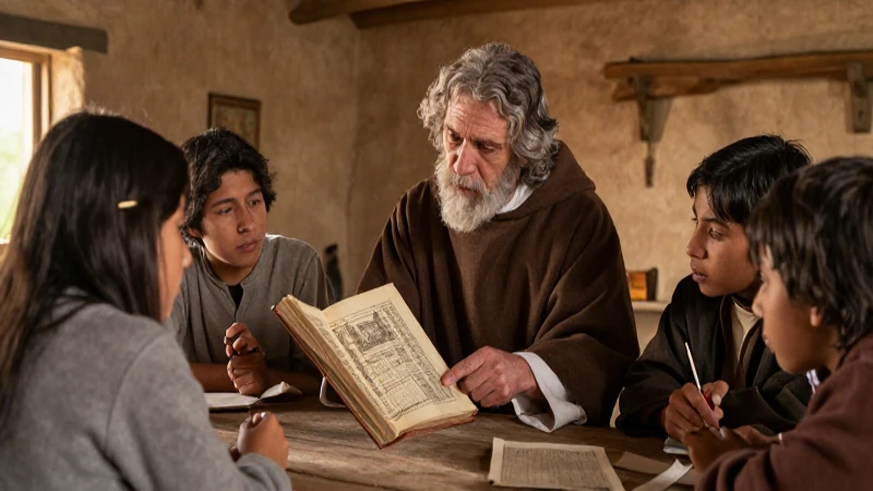 La evangelización de la Nueva España: Estrategias y Procesos 5 Fra franciscano enseña a indígenas en la colonial Nueva España