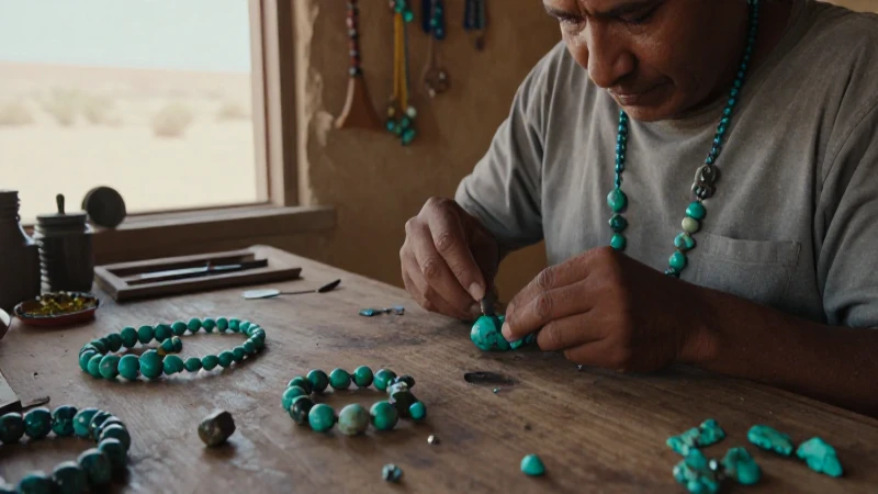 Artesano crea joyas de turquesa bajo el sol