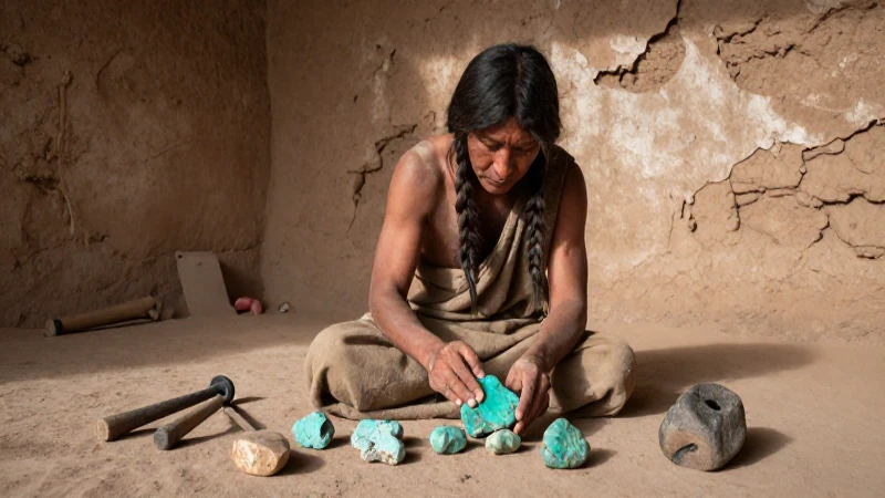 Miner ancestral examina turquesas bajo el sol desértico