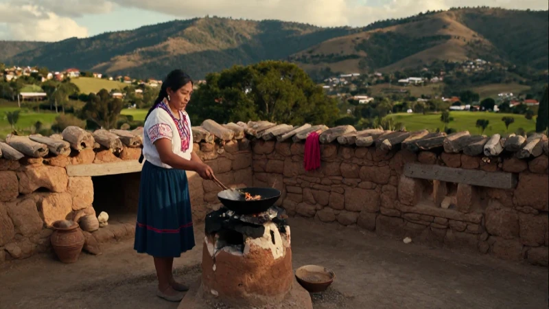 Mujer indígena cocina en patio colonial
