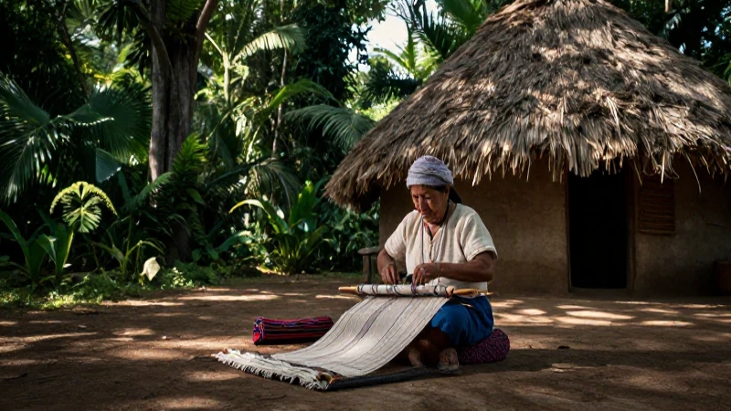 Anciana Cora tejiendo en paisaje mesoamericano histórico