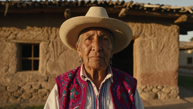 Mujer en traje tradicional en un pueblo rústico de Michoacán
