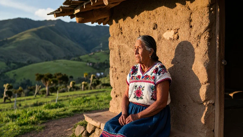 Abuela huasteca en paisaje rural dorado