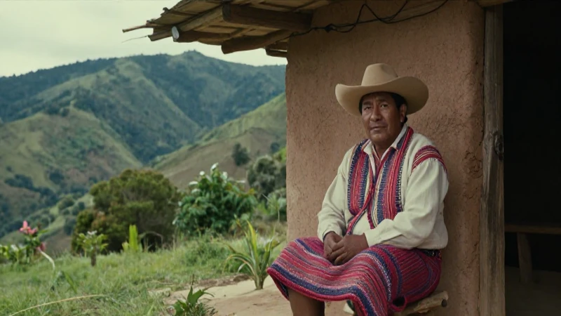 Hombre Huasteco tradicional en casa, paisaje montañosos