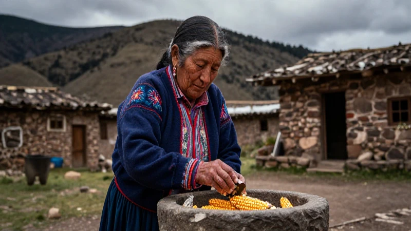 Anciano Rarámuri muele maíz en la sierra