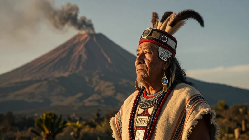 Leyendas de los volcanes: Mitos cortos que fascinan al mundo 127 Sabio Mexica bajo volcanes en atardecer cinematográfico