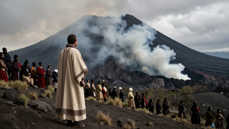 Leyendas de los volcanes: Mitos cortos que fascinan al mundo 126 Sacerdote indígena ante paisaje volcánico dramático