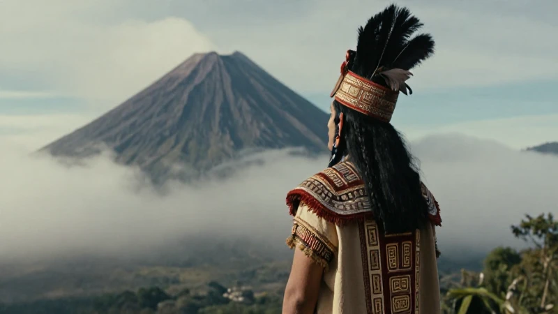 Leyendas de los volcanes: Mitos cortos que fascinan al mundo 125 Sacerdote mesoamericano en paisaje volcánico