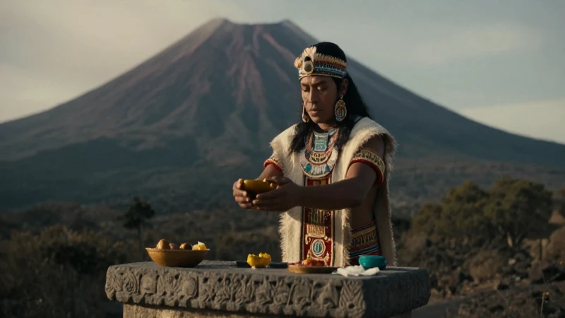 Leyendas de los volcanes: Mitos cortos que fascinan al mundo 124 Sacerdote azteca rinde ofrendas ante un volcán