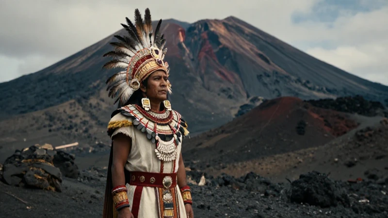Leyendas de los volcanes: Mitos cortos que fascinan al mundo 123 Sacerdote azteca en volcán, imagen dramática