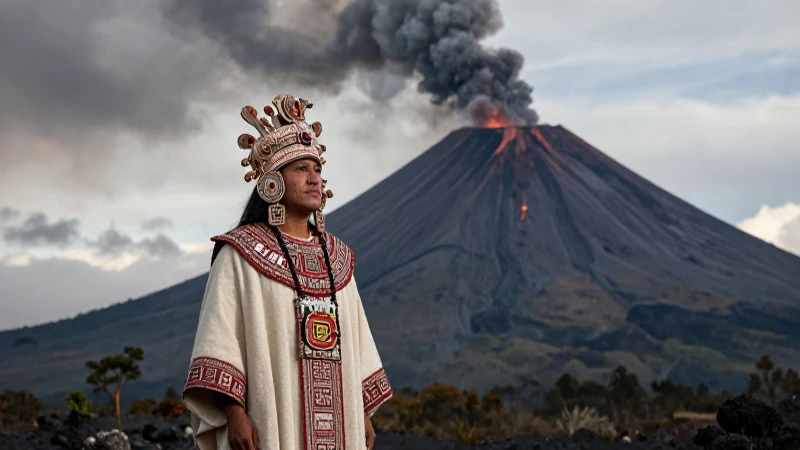 Leyendas de los volcanes: Mitos cortos que fascinan al mundo 128 Sacerdote azteca ante un volcán místico