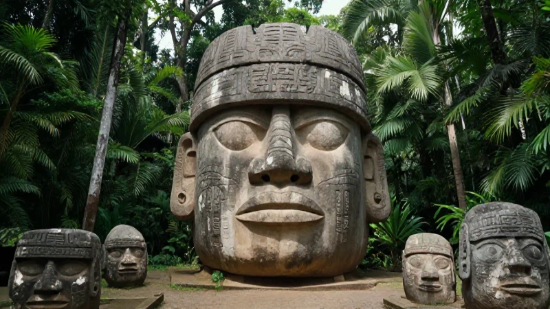 Escultura olmeca en jungla tropical
