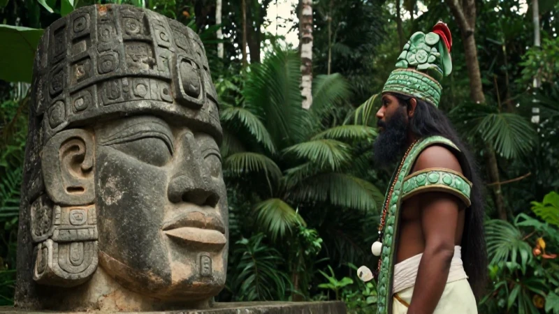 Sacerdote olmeca observa colosal monumento en la jungla
