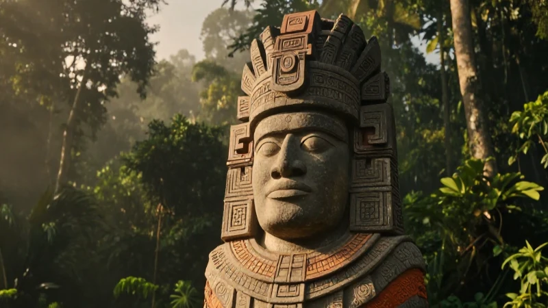 Sacerdote olmeca en estatua colosal dentro de la jungla