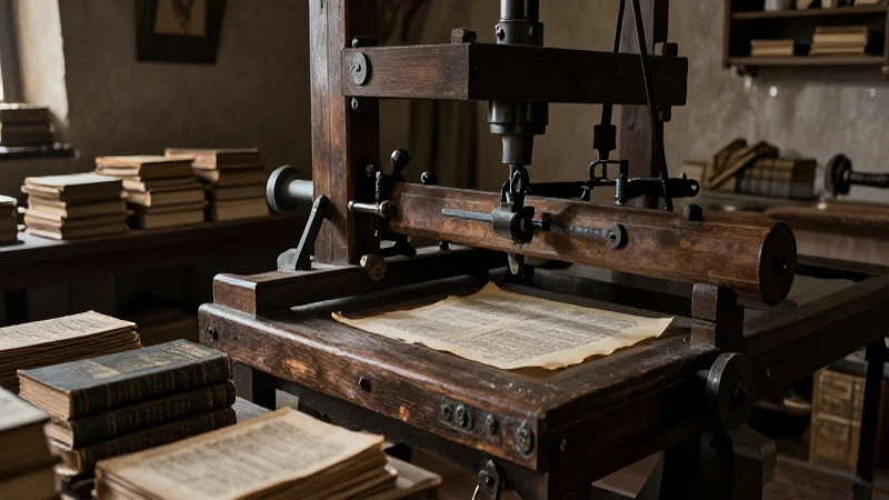 Impresor de madera en taller con libros antiguos