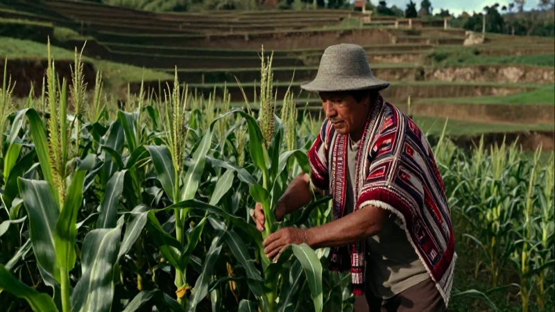 Cuál es la historia y evolución del maíz a través del tiempo 2 Campesino mesoamericano cultiva maíz en terracería