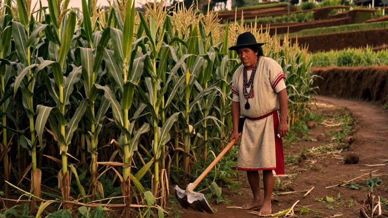 Cuál es la historia y evolución del maíz a través del tiempo 6 Agricultor indígena labrando campos mesoamericanos al atardecer