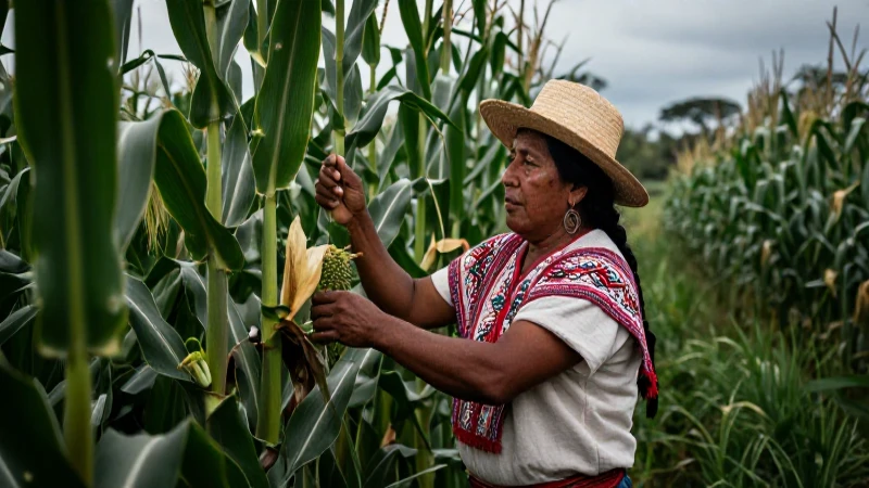 Cuál es la historia y evolución del maíz a través del tiempo 4 Indígena cultivando maíz en una milpa vibrante