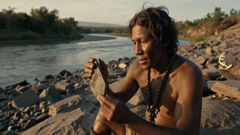 Lítica: Significado y Su Importancia en la Prehistoria 36 Paleolítico: figura examina herramienta en paisaje antiguo