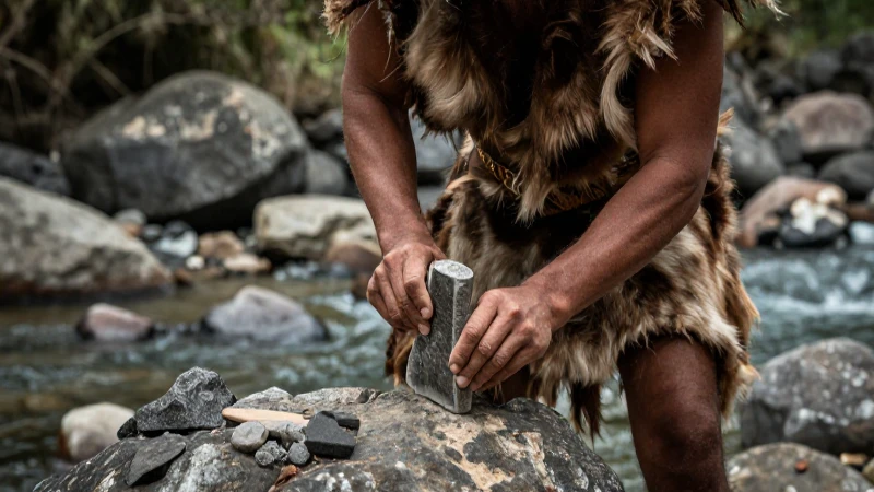 Lítica: Significado y Su Importancia en la Prehistoria 31 Cazador primitivo tallando hacha de piedra