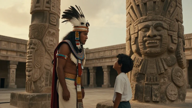 Educador azteca observa a un joven bajo un pilar