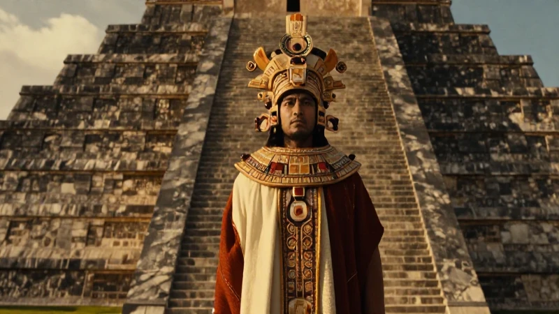 Sacerdote mexica poderoso sobre pirámide mesoamericana
