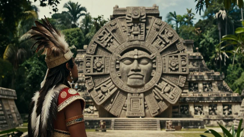 Sacerdote azteca contempla las cinco representaciones solares en la selva
