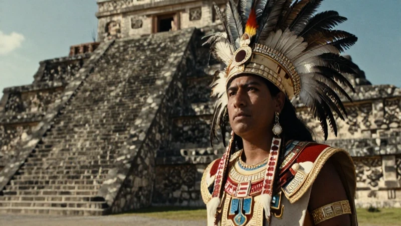 Sacerdote azteca en pirámide bajo luz dramática