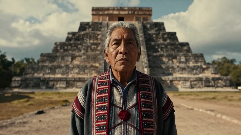 Anciano mixteca ante pirámide maya