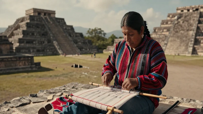 Artisan Mixteca teje en pirámide antigua