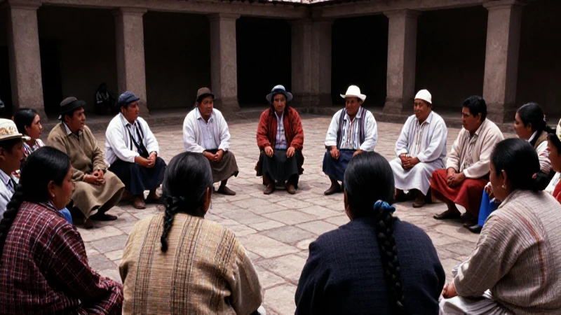 Consejo mixteco tradicional en plaza de adobe