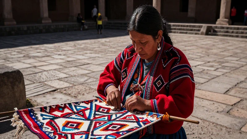 Artesano mixteco teje textiles en plaza antigua