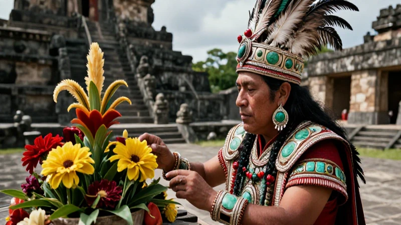 Noble Mexica examina flores en templo mesoamericano