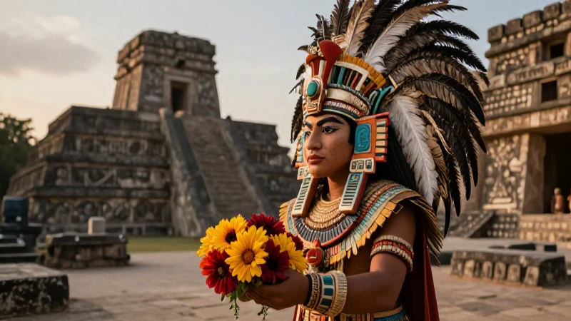 Azteca con flores en templo al amanecer