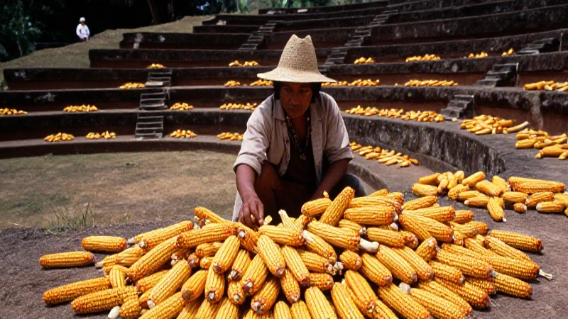 Agricultor mesoamericano cose maíz en terrazas