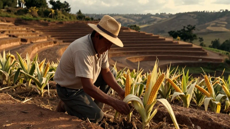 Agricultor mesoamericano cuida maíz en el campo