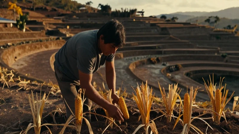 Campesino mesoamericano cultiva maíz en terrazas ancestrales