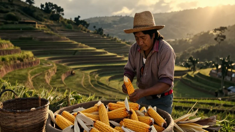 Agricultor mesoamericano cosecha maíz en terrazas