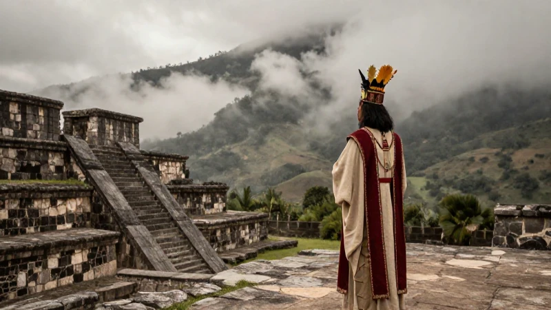 Te gustaría explorar el paisaje sagrado y mágico de Malinalco 40 Sacerdote prehispánico en Malinalco, niebla y dramatismo