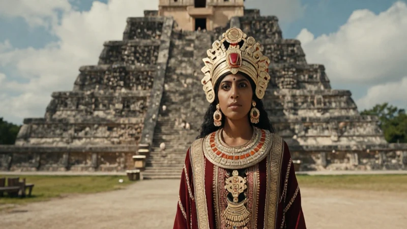 Malinalli en traje ceremonial, pirámide mesoamericana