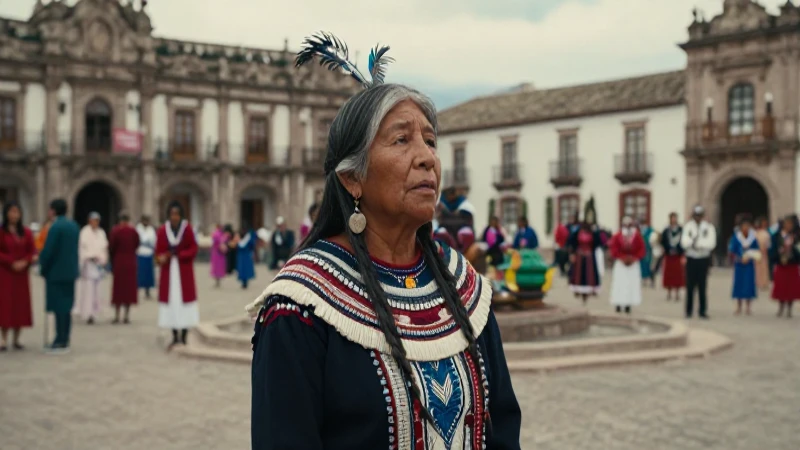 Mujer indígena en plaza histórica con ceremonia vibrante