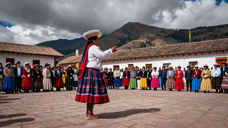 Ceremonia indígena en plaza colonial andina