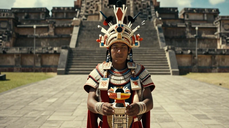Noble Mexica con ofrendas en plaza