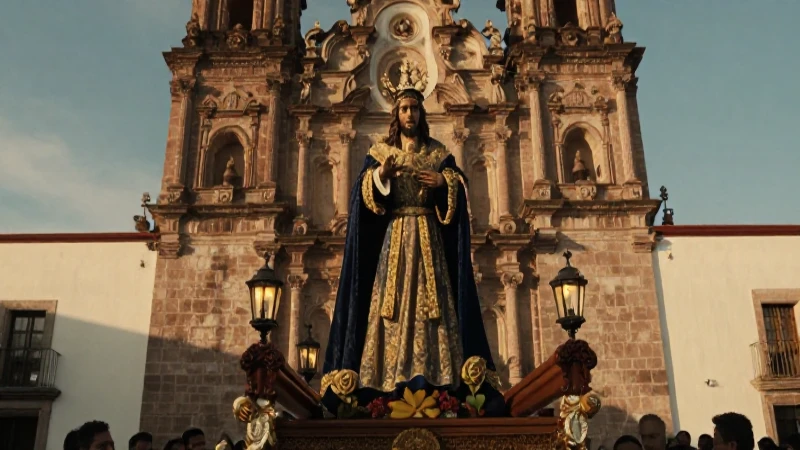 Procesión religiosa mexicana, estatua dorada bajo luz dramática