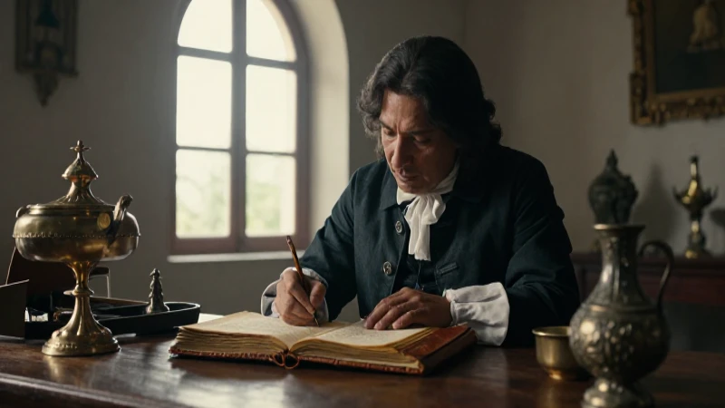 Escribiente colonial en codex, luz dramática y realismo histórico