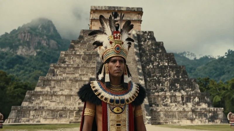 Sacerdote azteca en pirámide, fotografía cinematográfica