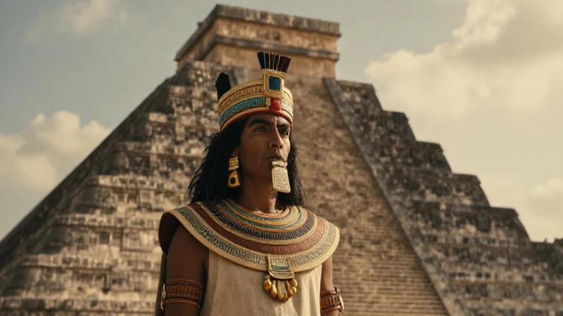Sacerdote azteca en pirámide al amanecer